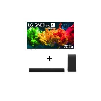 Vista frontal de Smart TV LG QNED evo Mini LED AI 4K QNED80 65 polegadas 2026+Soundbar LG S40T - 300W RMS, 2.1 Canais, Dolby Digital, Sem fios, Bluetooth 5.3, Entrada Óptica, HDMI, AI Sound Pro 65QNED80.S40T